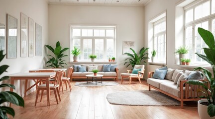 Fototapeta premium Light-filled coworking space with neutral tones and plants