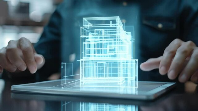 Architect Touching Tablet to Visualize Interactive 3D Blueprint Projection of Smart Building Design