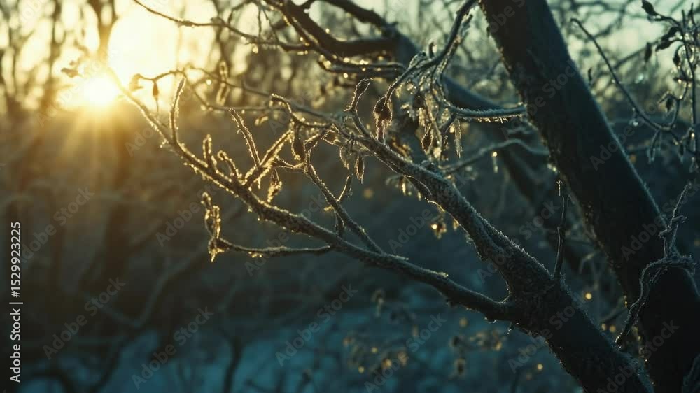 Poster frosty tree branches illuminated by sunlight