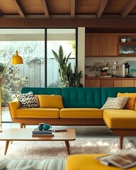 Mid-century modern living room with mid-century style furniture, vibrant teal and mustard yellow, large windows with natural light, sleek wooden elements