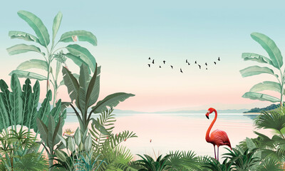 Subtle Safari Animals Wallpaper: Flamingo, Birds, Palms & Pink Blue Sky Jungle © csinie1