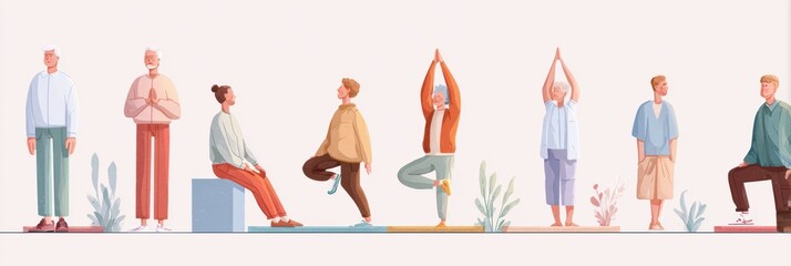 Safe and Fun Physical Activities for Seniors in Various Exercise Poses Promoting Health and Wellness