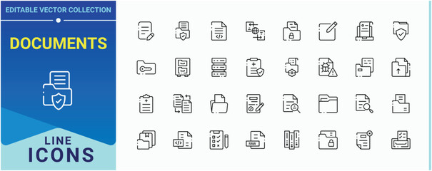 Documents line icon set. Contains such icons as document, form, page, doc, note and more. Files related icon set. Minimal thin line web icons set. Pixel perfect. Editable vector.