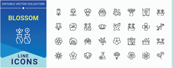 Blossom linear icon set. Contain linear sign nature, bloom, flora, flower garden and more. Flower vector icon set. Minimalist icons collection. Pixel perfect. Editable stroke.