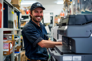 A cheerful technician is fixing a printer in a busy office, surrounded by equipment and supplies, contributing to a smooth workflow Generative AI