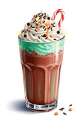 Delicious Winter Hot Chocolate with Whipped Cream, Candy Cane, Sprinkles, and Caramel, Festive Holiday Beverage Illustration