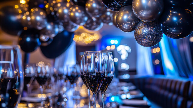 A glamorous party setup features a black and silver balloon arch with sparkling sequins and LED lights. 