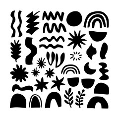 Abstract Organic Icons. Bold collection of abstract black icons inspired by nature, featuring leaves, plants, and wavy lines in modern form.