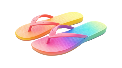 Colorful 3D flip-flops with summer gradient color scheme, floating on white background, PNG