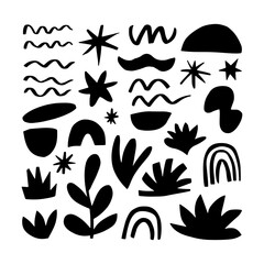 Abstract Botanical Pattern. Dense pattern of abstract botanical shapes and nature symbols in black silhouettes with playful arrangement.