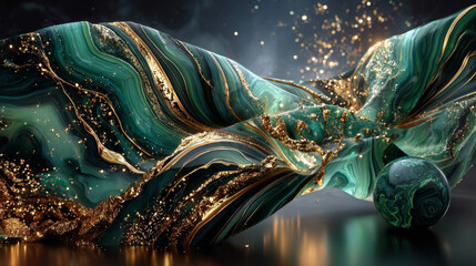 abstract background, fake stone texture, malachite green agate jasper marble slab with gold glitter veins, wavy lines fashion print, painted artificial marbled surface, artistic marbling illustration