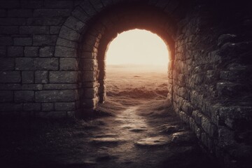 Stone archway leading to a sunlit landscape.