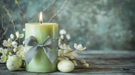 A green Easter candle adorned with a delicate grey ribbon bow. 