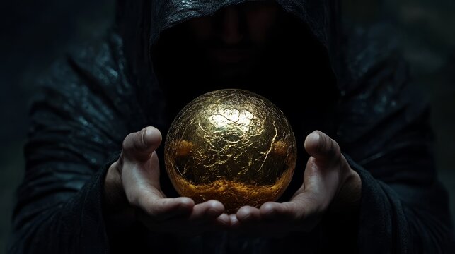 A monk adorned in a black hood holds a glowing golden sphere, channeling its mystical energy in a serene, shadowy environment Generative AI