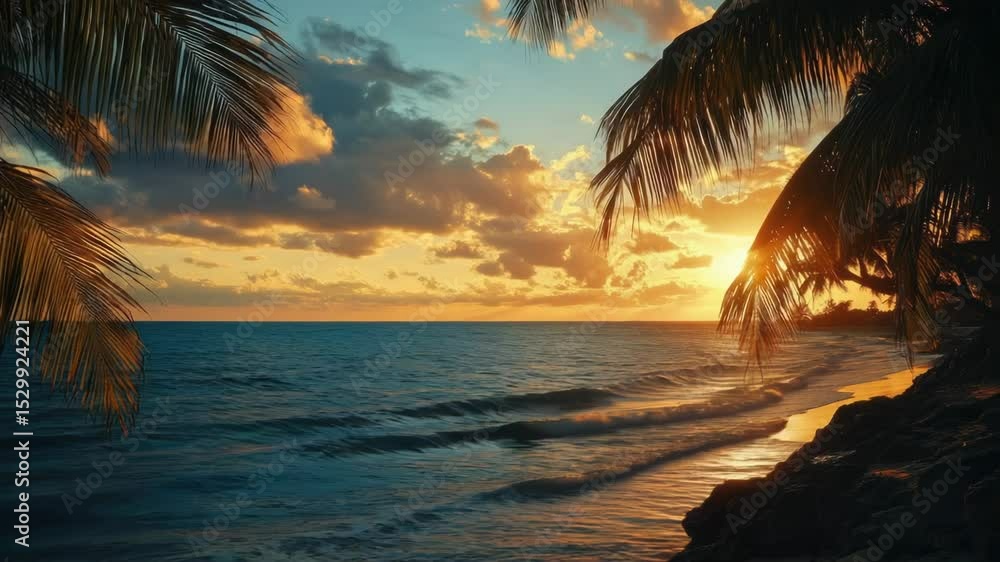 Poster a serene scene of a sunset over the ocean with palm trees in the foreground