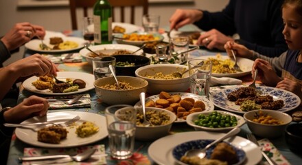 Family dinner gathering with diverse dishes and lively conversations around the table