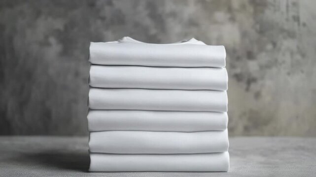 A stack of neatly folded white shirts sitting on a table, perfect for use in scenes about cleanliness, fashion, or organization