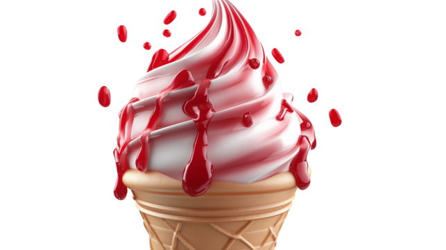 3D ice cream cone with strawberry swirl and dripping detail, clean white background, PNG - Powered by Adobe