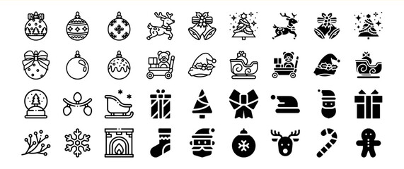 Fototapeta premium A collection of Christmas icons, including ornaments, reindeer, Santa Claus, and other festive elements.