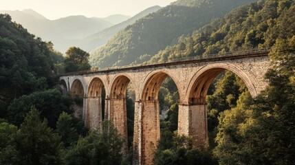 Stone arch bridge spanning a valley, nestled amidst lush green forest.