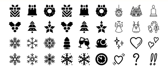 A collection of 40 Christmas icons, including gifts, bells, wreaths, Christmas trees, snowflakes, and more.
