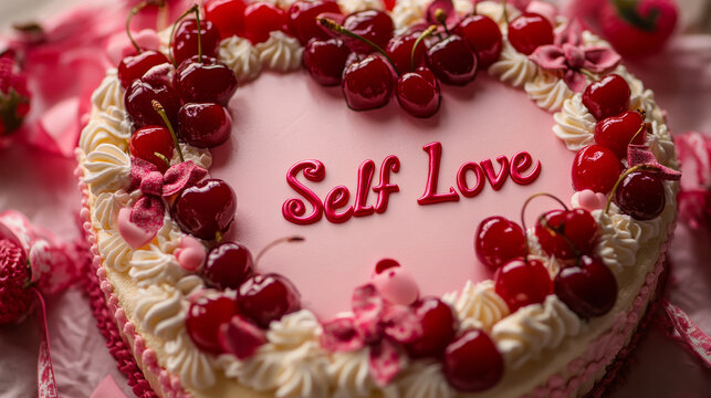 A heart-shaped vintage Coquette cake decorated with piped icing, cherries, bows, and the words "Self Love" in cursive, in pink and red tones. 