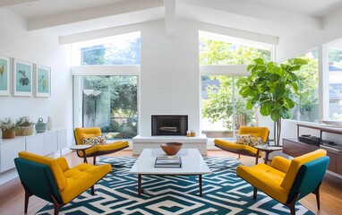 Mid-century modern living room with sleek furniture, teal and mustard accents, geometric rugs, and a bright open space