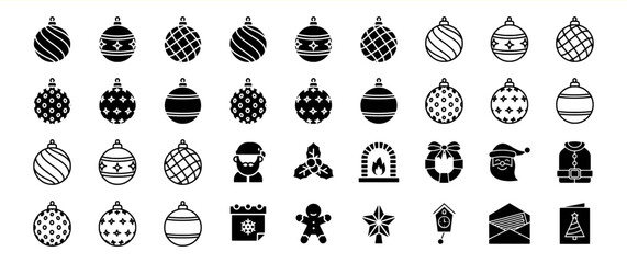 A collection of 36 Christmas icons including ornaments, Santa, gingerbread men, and more