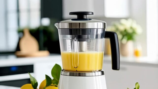 Electric citrus juicer extracting fresh lemon juice in a modern kitchen setting with counter top and sunny window. Making healthy fruit drinks.