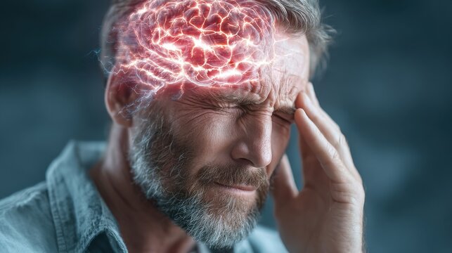 A man grimaces in discomfort as he holds his head, indicating a severe headache. The setting is a softly illuminated room, creating an atmosphere of distress and struggle.