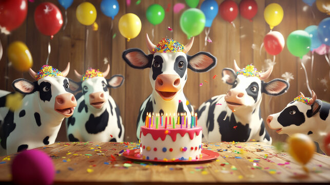 A humorous scene showing cows playfully participating in a birthday celebration.