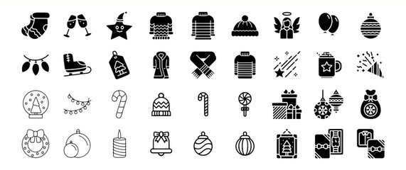 A collection of 36 Christmas and winter holiday icons, featuring festive symbols, clothing, and celebratory items