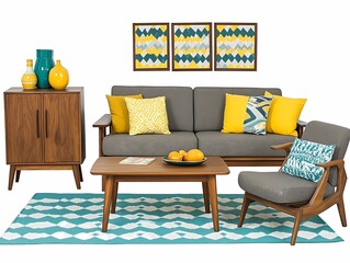 Retro mid-century modern living room with bold yellow and teal accents, wooden furniture, and artistic geometric patterns on the wall