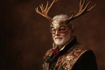 Portrait of an elegant senior man wearing an elaborate stag mask and horns, posing during a carnival party