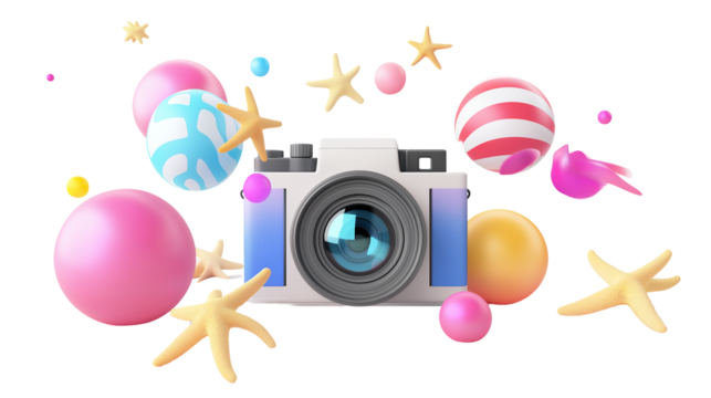 3D camera icon surrounded by floating beach balls and starfish, fun summer photography, white background, PNG