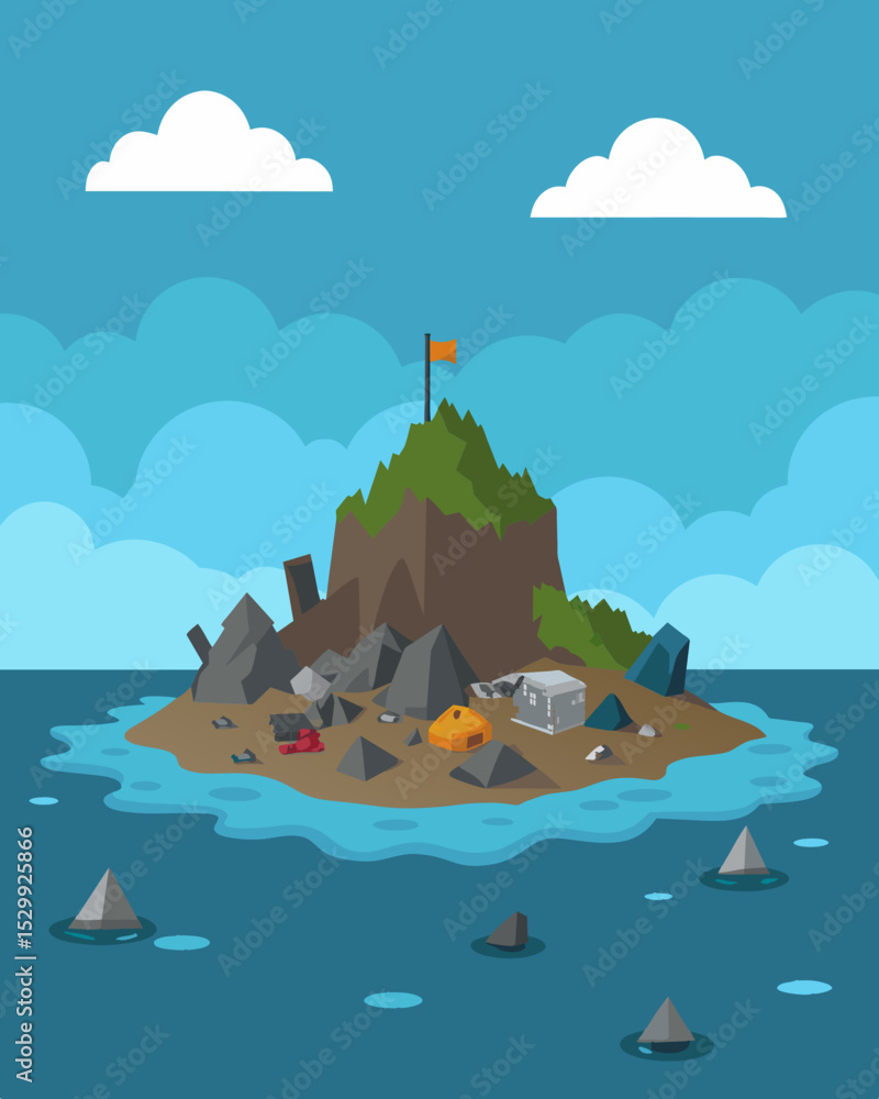 Poster a desolate wasteland of discarded waste piled high and forming a makeshift island in the middle of t