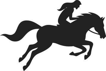 Fototapeta premium Silhouette of Woman Riding Galloping Horse in Solid Black – Dynamic Mid-Stride Horse with Muscular Build and Forward-Leaning Rider, Emphasizing Motion, Speed, and Power for Equestrian, Sports, 