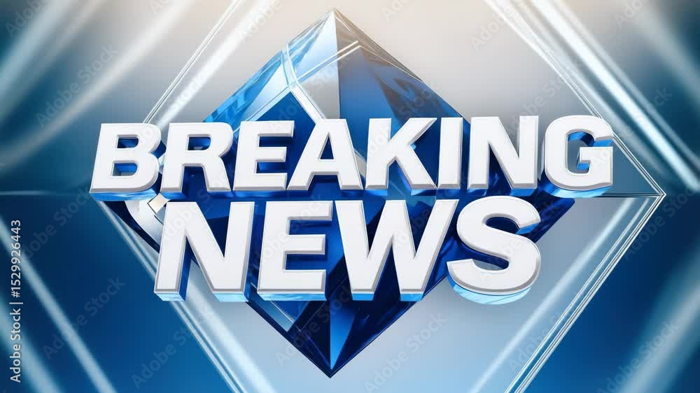 Poster dynamic breaking news video graphic with a 3d diamond shape and bold text. the low-angle view adds d