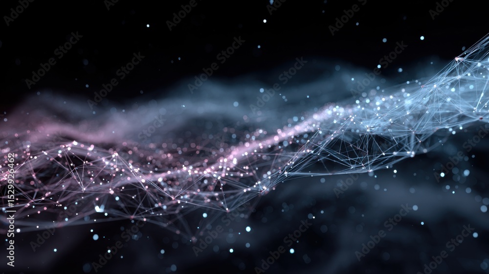 Poster an intricate arrangement of light particles and lines creates a dynamic wave effect in a dark backgr
