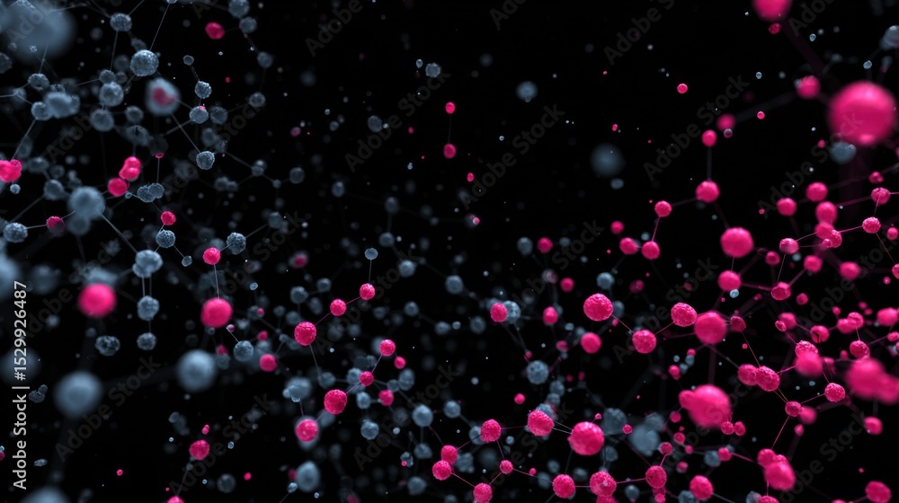 Poster colorful molecular structures float in a dark background, showcasing vibrant pink and blue spheres c