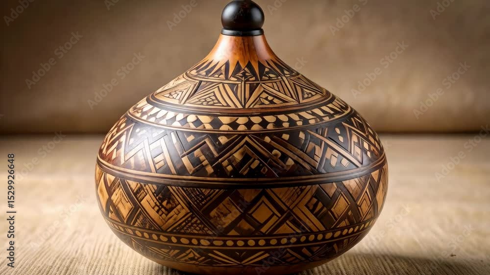 Aufkleber carved gourd vessel with geometric patterns on wooden surface, illuminated by soft light creating an