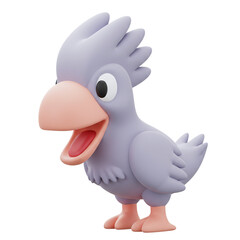 3D cartoon purple bird with large pink beak and feathered crest, isolated on transparent background