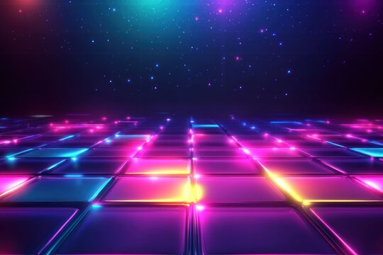 glowing multicolored neon tiles, dance floor with starry night sky backdrop. vibrant digital landscape. retro party invitation, sci-fi 1980s banner in futuristic synthwave, retrowave, vaporwave style.