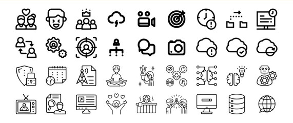 Collection of diverse line icons representing various concepts including technology, people, communication, and more.