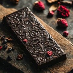 Decorative dark chocolate bar with dried fruits on wooden surface  
