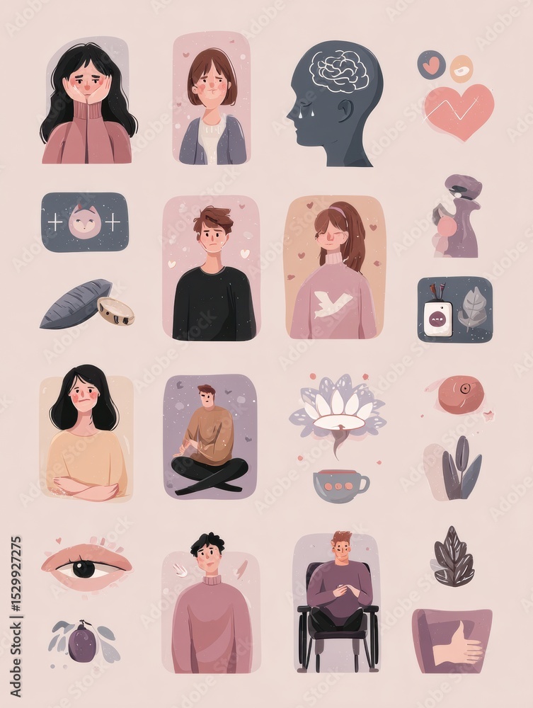 Poster infographic illustrating ptsd symptoms with soft visuals and emotional support icons in a calming la