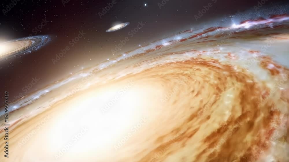 Poster spectacular scene featuring several galaxies in deep space with glowing centers in a vast cosmic set