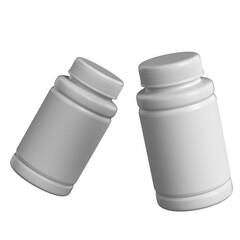 Two Blank white medical plastic container mockup  floating with closed lid, displaying clean surface against transparent backdrop, representing healthcare packaging branding solutions