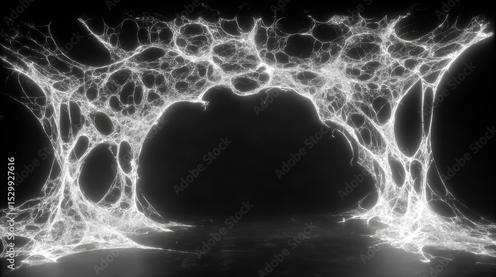 Poster a mesmerizing abstract art piece showcases a complex network of white fibers forming an arch against