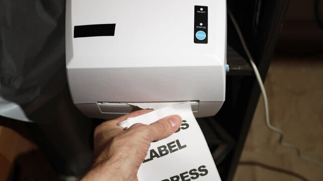 Man hand tear off shipping label at thermal printer
